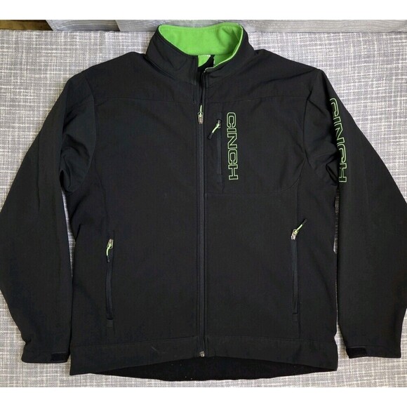 Cinch Softshell Jacket Full Zip Black Bright Green Trim Rancher Men's XL - Picture 12 of 16